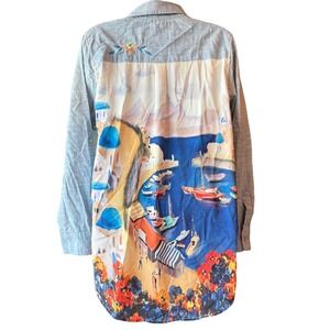 Soft Surroundings Embroidered Coastal Button Up Shirt Blue Size Medium